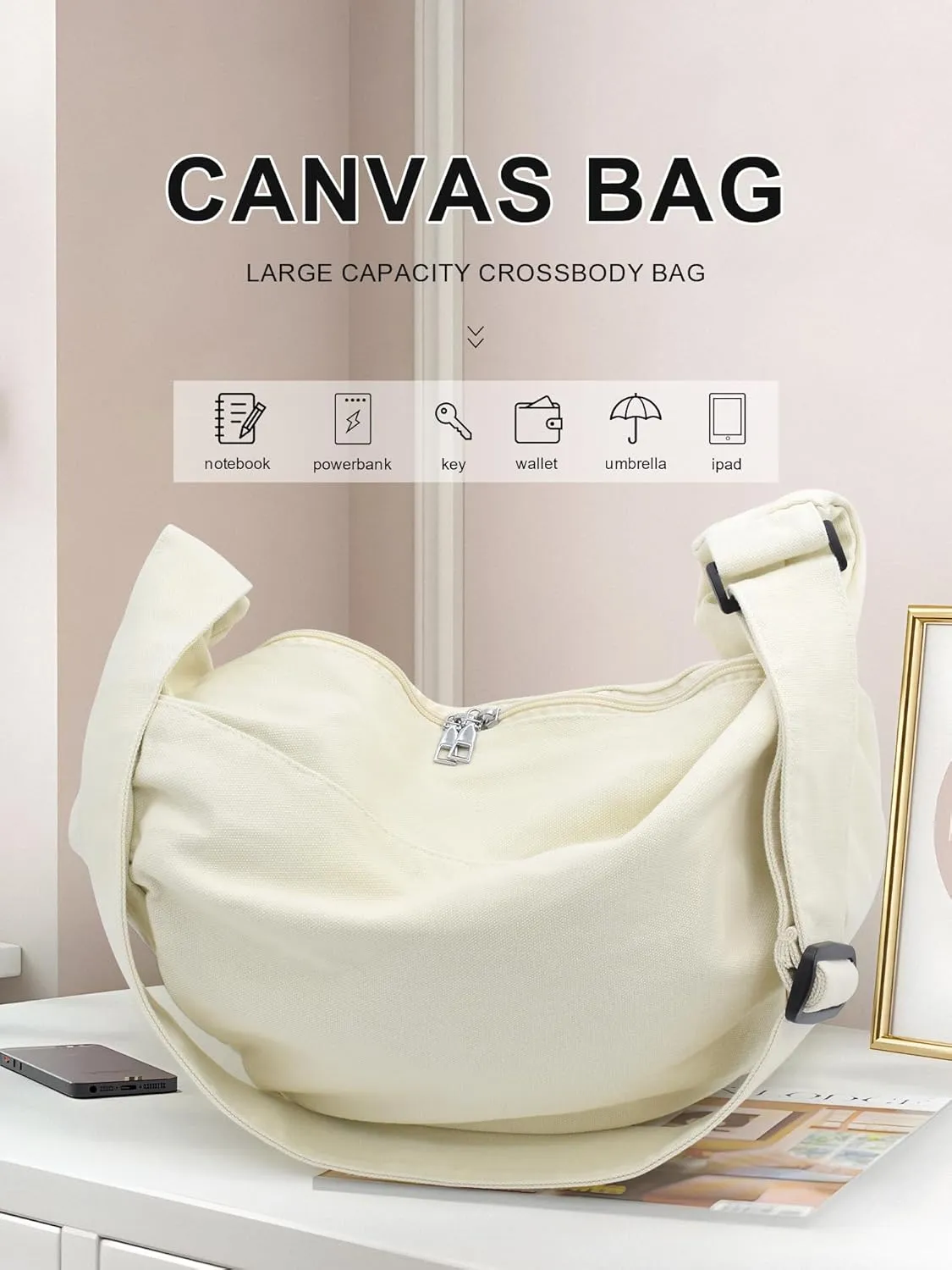 Canvas Tote Bag Hobo Crossbody Bag Fashion Crescent Bag with Zipper Pockets for Shopping Travel for Women and Men Black