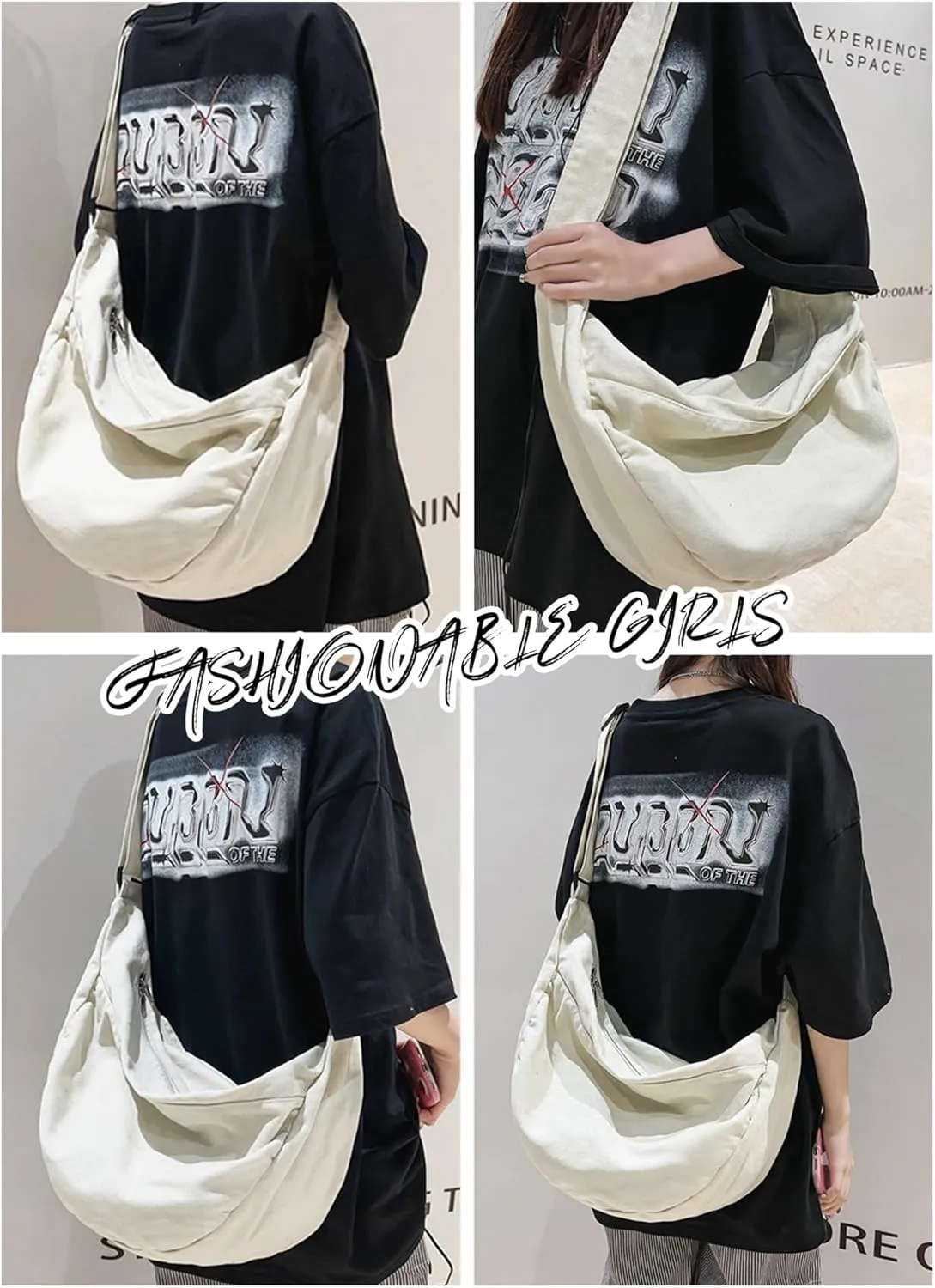 Canvas Tote Bag Hobo Crossbody Bag Fashion Crescent Bag with Zipper Pockets for Shopping Travel for Women and Men Black