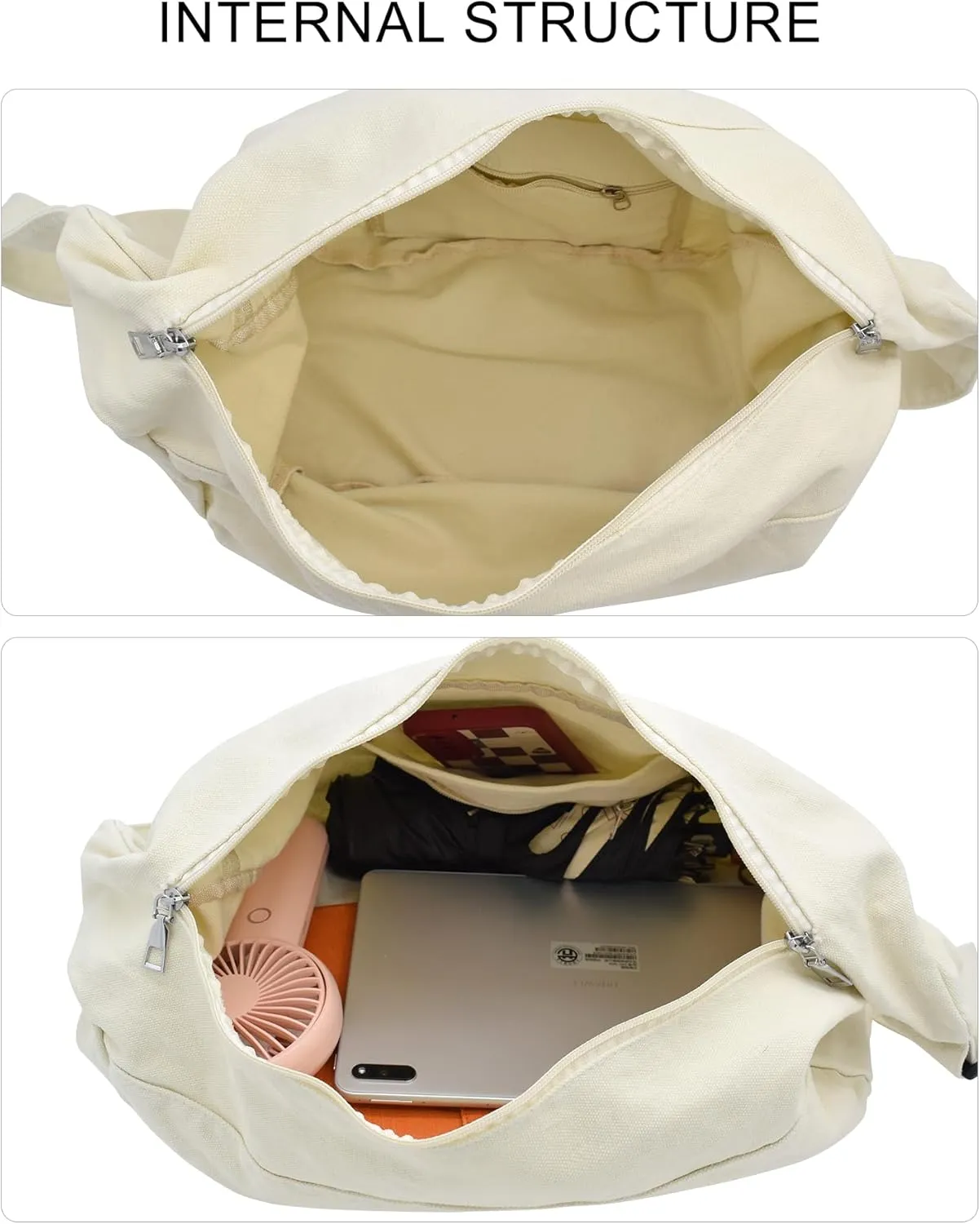 Canvas Tote Bag Hobo Crossbody Bag Fashion Crescent Bag with Zipper Pockets for Shopping Travel for Women and Men Black