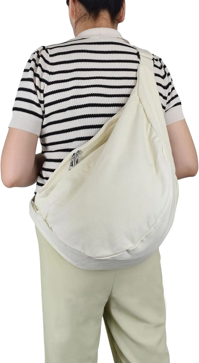 Canvas Tote Bag Hobo Crossbody Bag Fashion Crescent Bag with Zipper Pockets for Shopping Travel for Women and Men Black