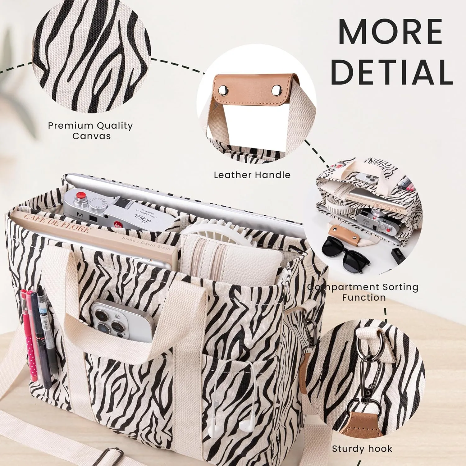 Canvas Tote Bag with Multi Pocket Crossbody Bag for Women Tote Bag with Adjustable Shoulder Strap Handbag (No zipper)