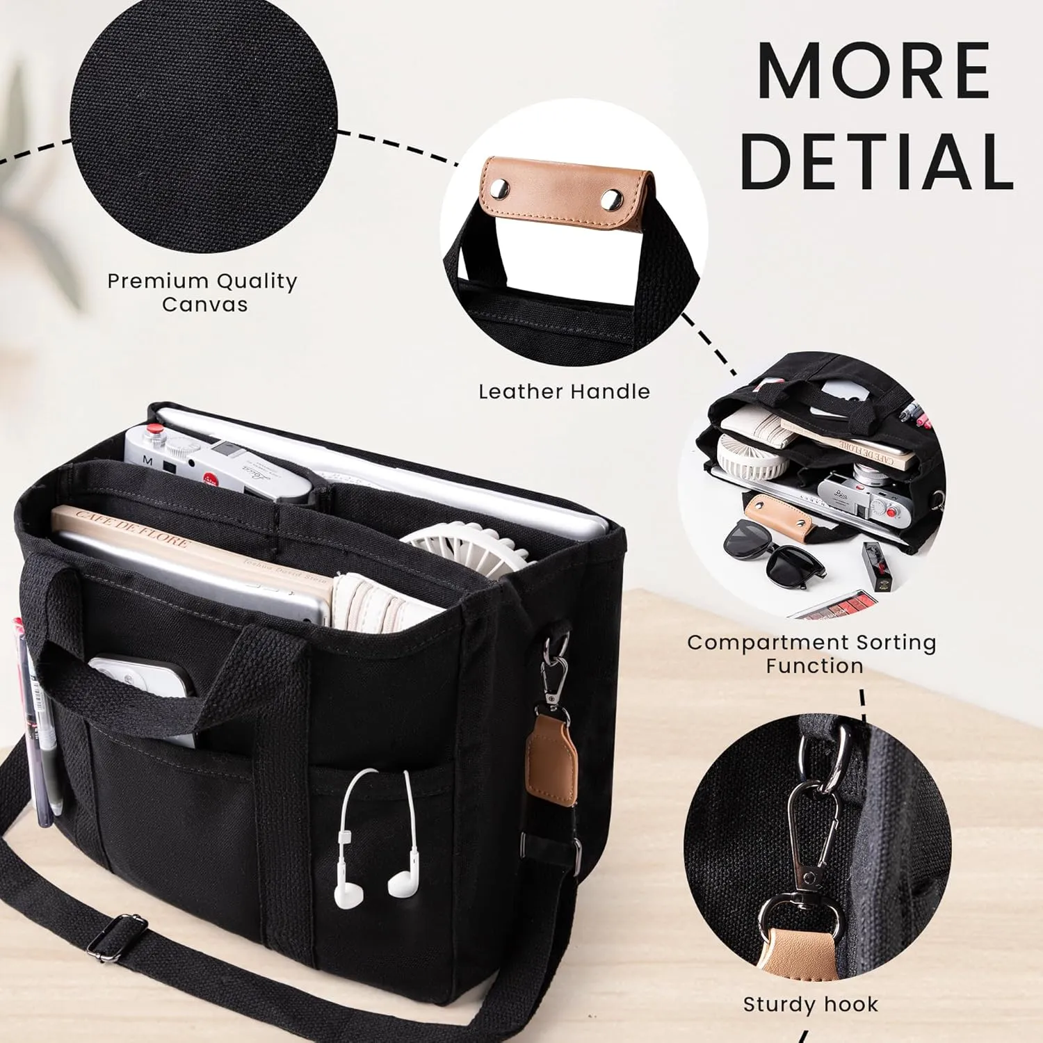Canvas Tote Bag with Multi Pocket Crossbody Bag for Women Tote Bag with Adjustable Shoulder Strap Handbag (No zipper)