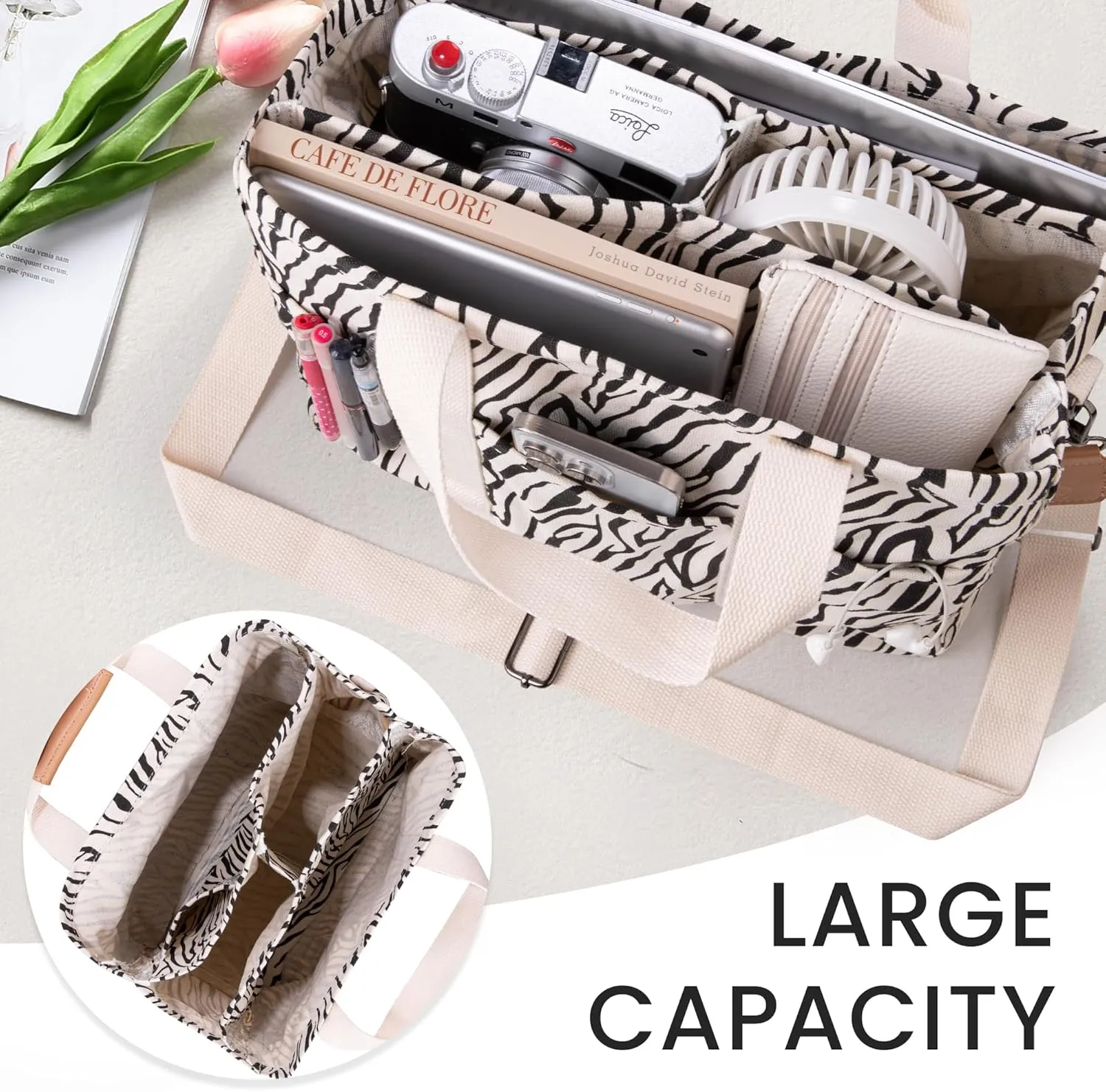 Canvas Tote Bag with Multi Pocket Crossbody Bag for Women Tote Bag with Adjustable Shoulder Strap Handbag (No zipper)