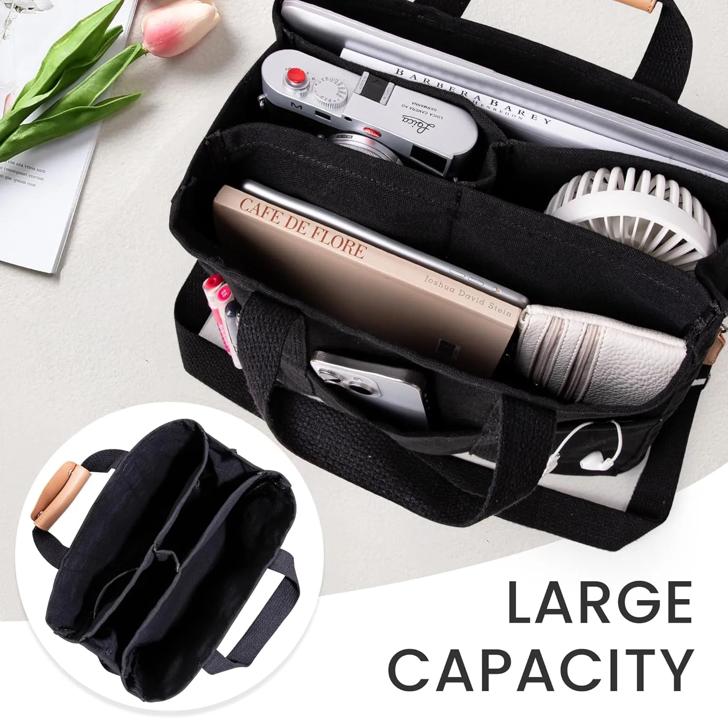 Canvas Tote Bag with Multi Pocket Crossbody Bag for Women Tote Bag with Adjustable Shoulder Strap Handbag (No zipper)