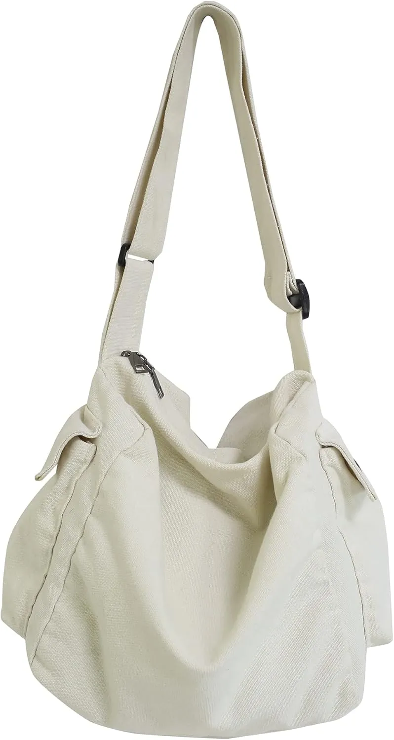Canvas Tote Hobo Crossbody Messenger Bag with Multiple Pockets - Casual Shoulder Bag for Women & Men