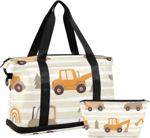 Cartoon Car Versatile Sports Travel Bag - Lasting Twill Tote, Removable Wheel & Rod Bagging, Multi-pocket Design, Complimentary Makeup Bag