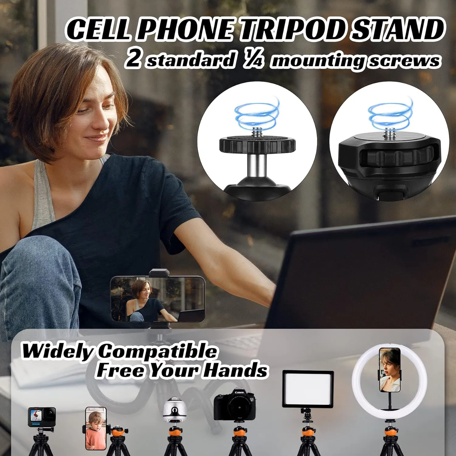 Cell Phone Tripod Stand, Portable Flexible Tripod for iPhone with Wireless Remote, Camera Tripod, Double 360°Rotation Adjustable Mini Tripod for iPhone/Android/GoPro/Ipad/DSLR, Orange