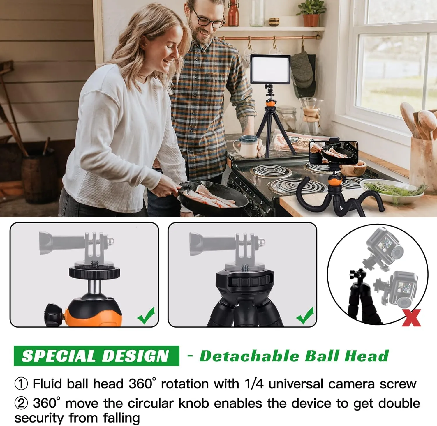 Cell Phone Tripod Stand, Portable Flexible Tripod for iPhone with Wireless Remote, Camera Tripod, Double 360°Rotation Adjustable Mini Tripod for iPhone/Android/GoPro/Ipad/DSLR, Orange