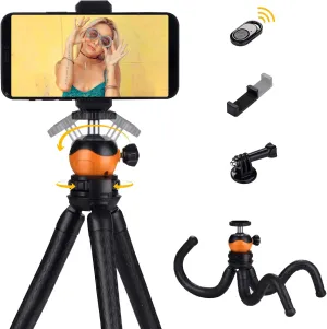 Cell Phone Tripod Stand, Portable Flexible Tripod for iPhone with Wireless Remote, Camera Tripod, Double 360°Rotation Adjustable Mini Tripod for iPhone/Android/GoPro/Ipad/DSLR, Orange