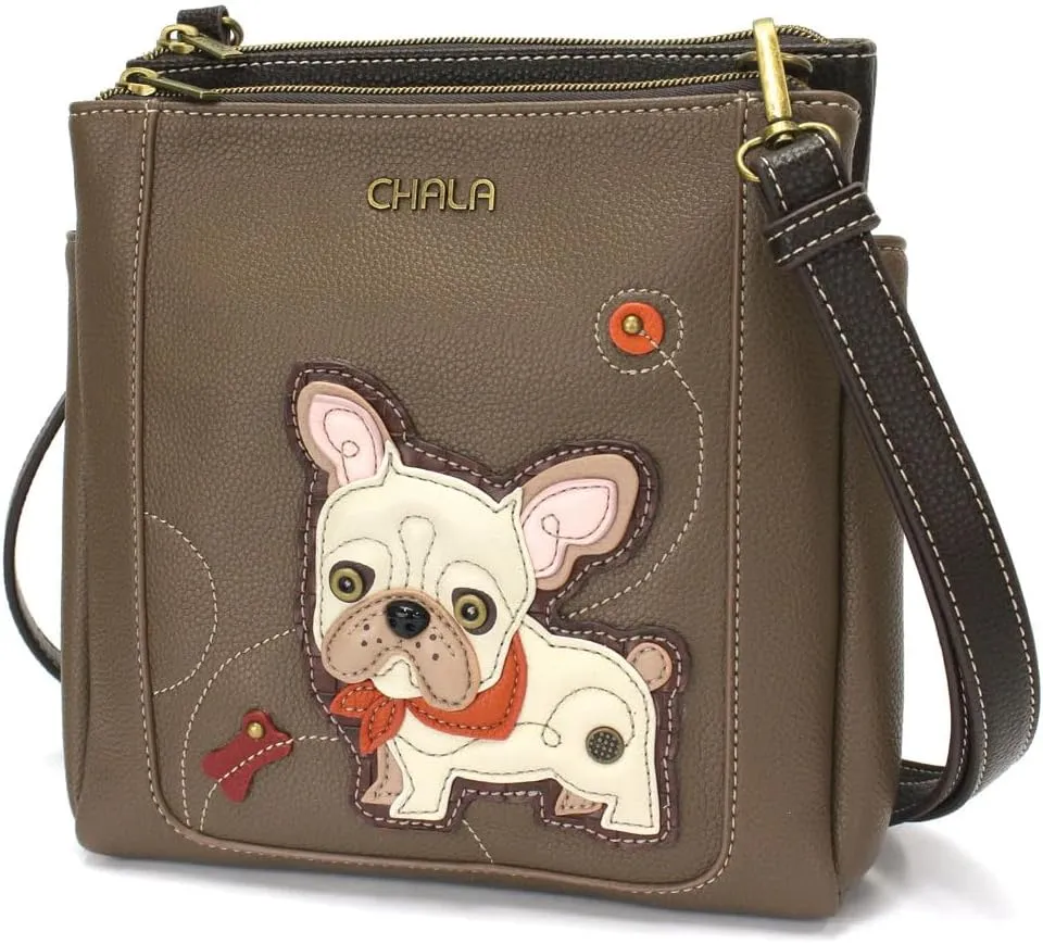Chala French Bulldog RFID Protected Vegan Leather Merry Messenger Bag (Brown)