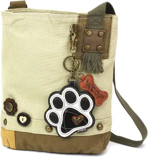 CHALA Womens' Canvas Patch Crossbody Handbag with Keyfob- Sand (Pawprint B&w - Sand)