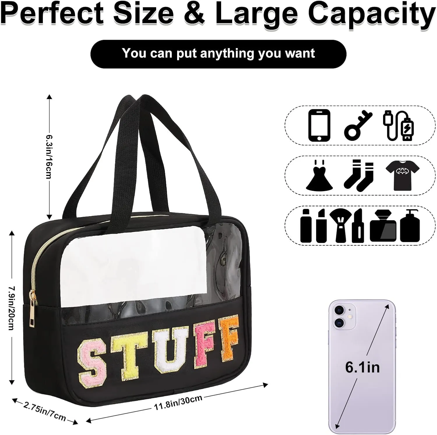 Chenille Letter Patch Clear Bag,Preppy Multi-purpose PVC&Nylon Clear Makeup Bag with Handles,Large Travel Makeup Toiletry Storage Zipper Pouch, Tote Bag for Women (Black-STUFF)