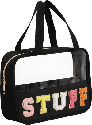 Chenille Letter Patch Clear Bag,Preppy Multi-purpose PVC&Nylon Clear Makeup Bag with Handles,Large Travel Makeup Toiletry Storage Zipper Pouch, Tote Bag for Women (Black-STUFF)