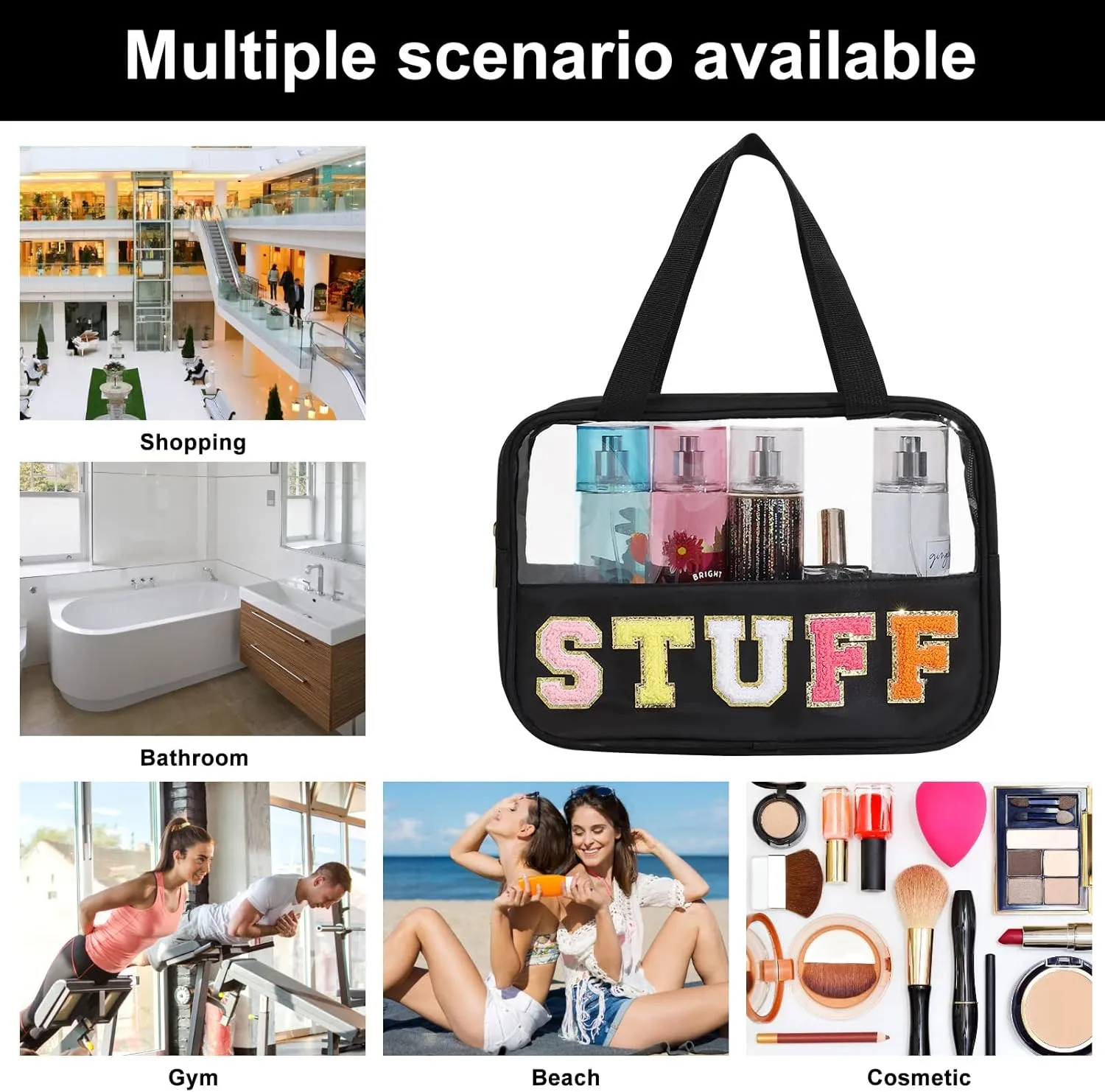 Chenille Letter Patch Clear Bag,Preppy Multi-purpose PVC&Nylon Clear Makeup Bag with Handles,Large Travel Makeup Toiletry Storage Zipper Pouch, Tote Bag for Women (Black-STUFF)