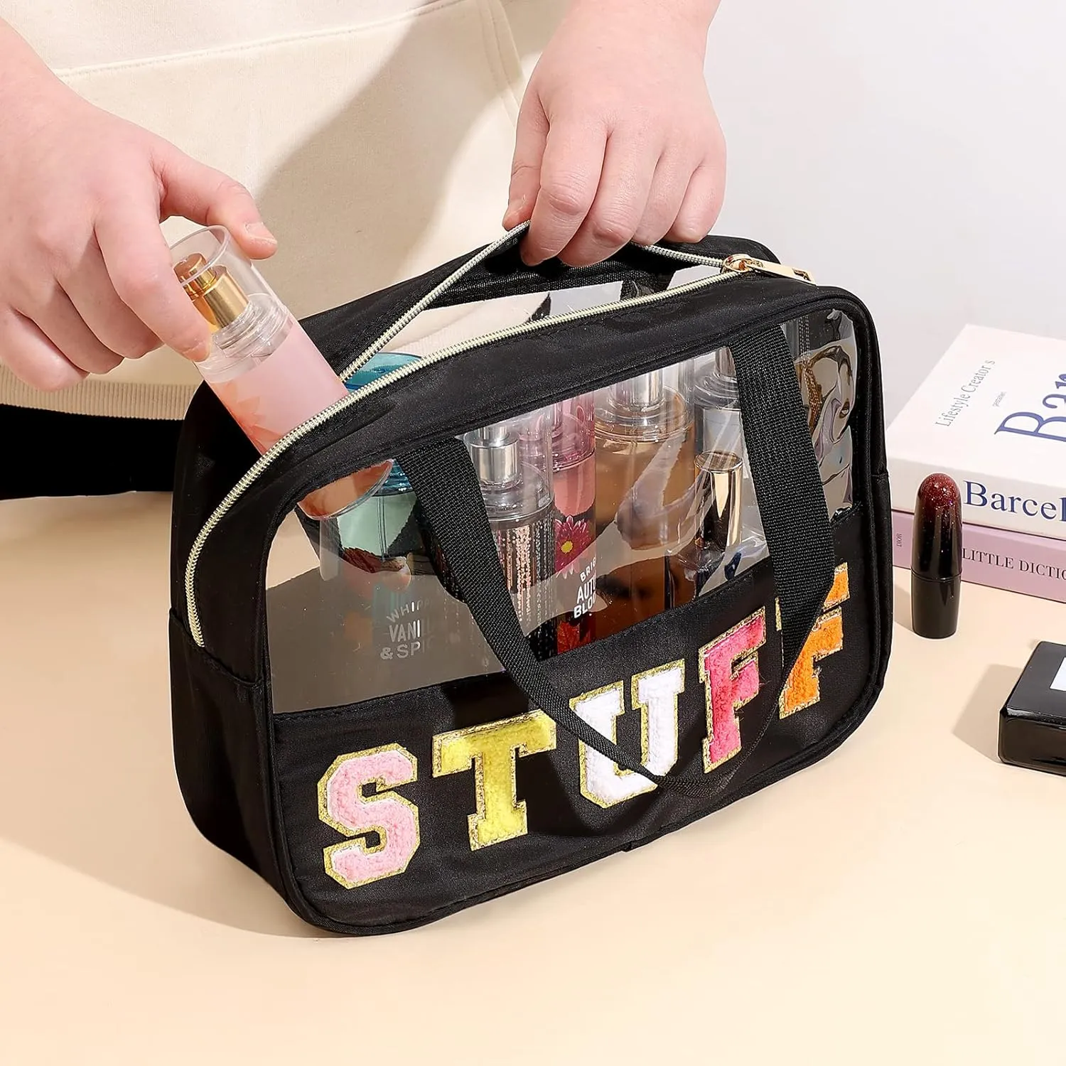 Chenille Letter Patch Clear Bag,Preppy Multi-purpose PVC&Nylon Clear Makeup Bag with Handles,Large Travel Makeup Toiletry Storage Zipper Pouch, Tote Bag for Women (Black-STUFF)