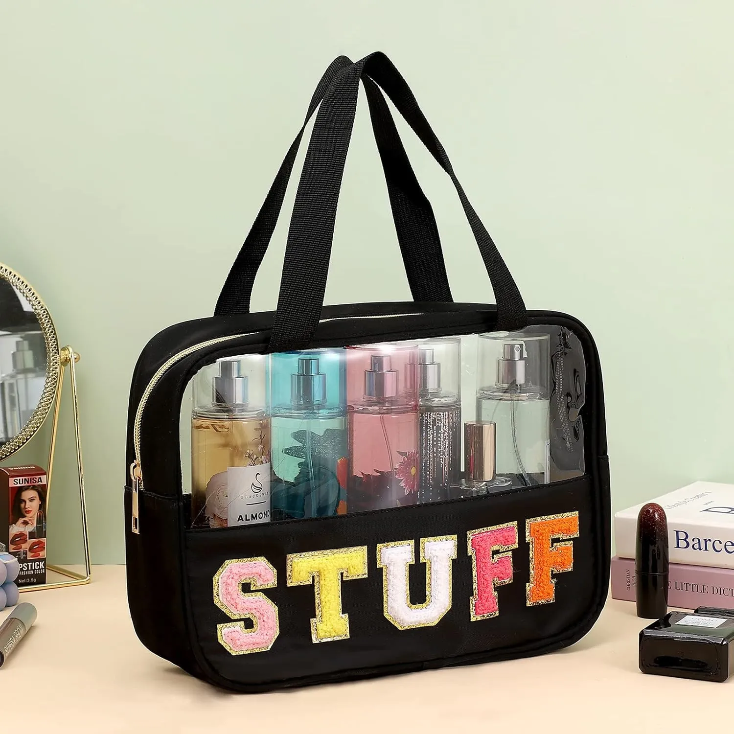 Chenille Letter Patch Clear Bag,Preppy Multi-purpose PVC&Nylon Clear Makeup Bag with Handles,Large Travel Makeup Toiletry Storage Zipper Pouch, Tote Bag for Women (Black-STUFF)