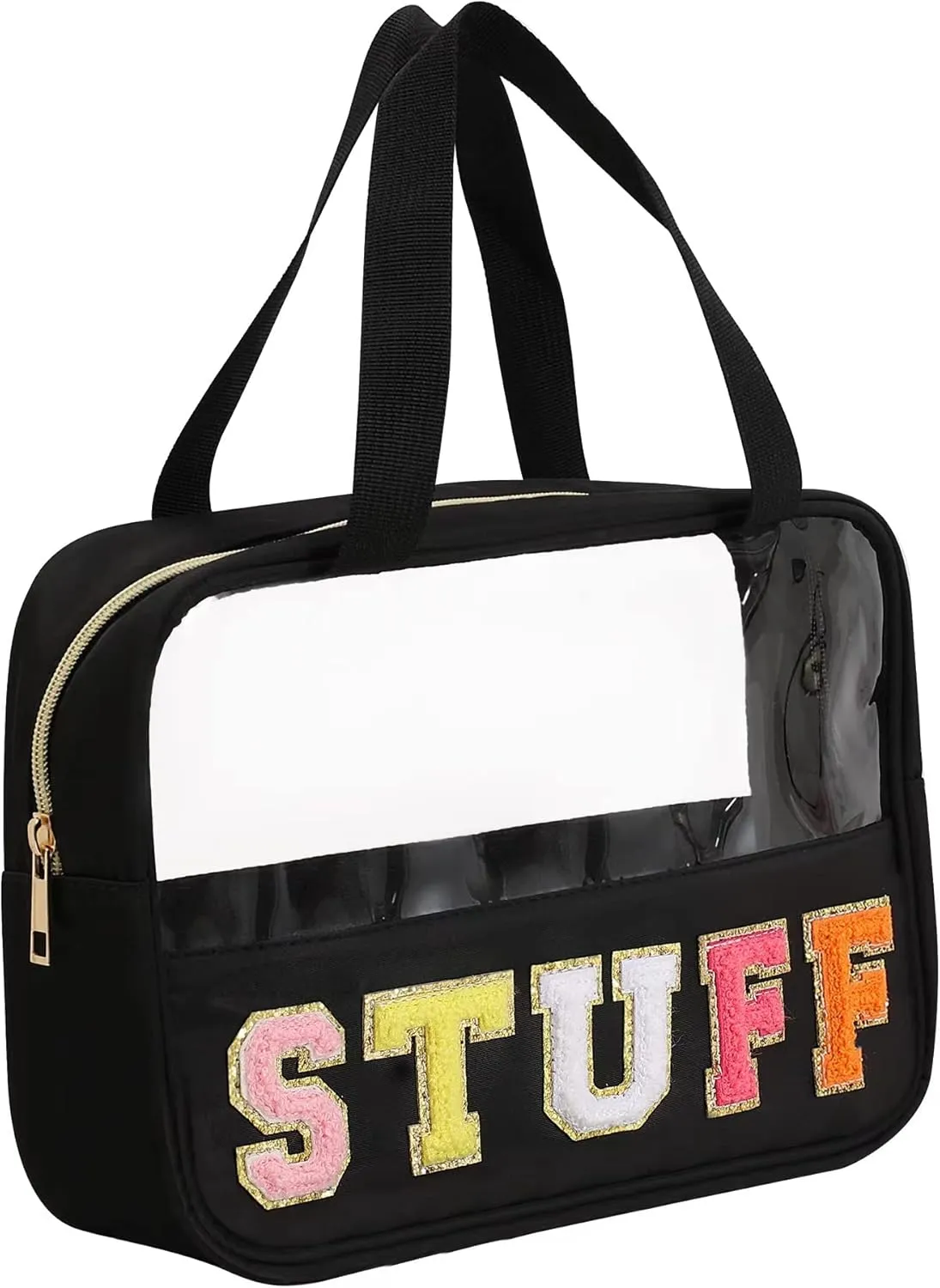 Chenille Letter Patch Clear Bag,Preppy Multi-purpose PVC&Nylon Clear Makeup Bag with Handles,Large Travel Makeup Toiletry Storage Zipper Pouch, Tote Bag for Women (Black-STUFF)