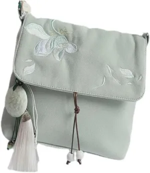 Chinese Style Ancient Hanfu Canvas Bag Crossbody Cloth Bag Small Square Bag, Green