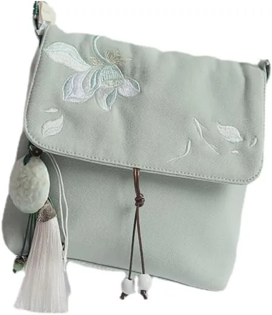 Chinese Style Ancient Hanfu Canvas Bag Crossbody Cloth Bag Small Square Bag, Green