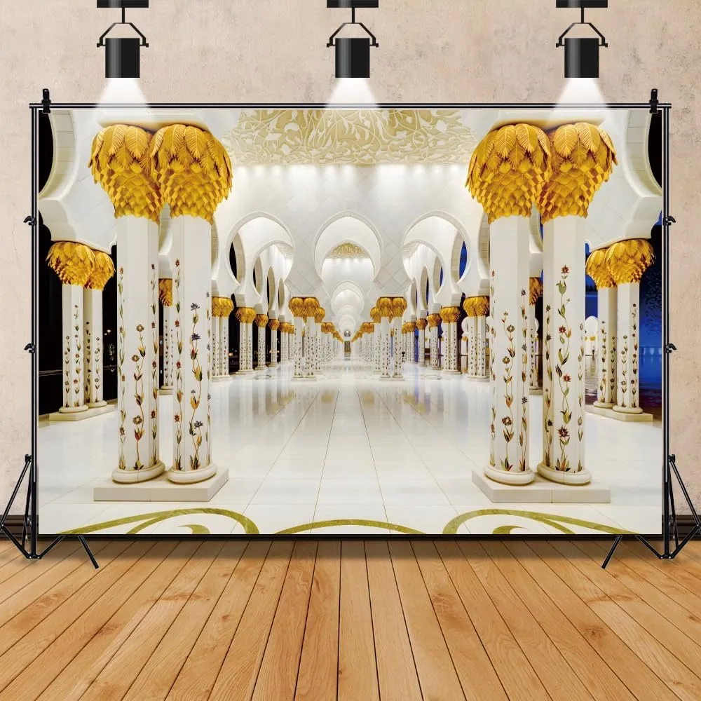 ChloropLastid 10x8ft Grand Mosque Backdrop Luxury Golden Islam Architecture Corridor Background for Photography UAE Travel Wedding Honeymoon Trip Holiday Islamic Theme Banner Photo Booth Props