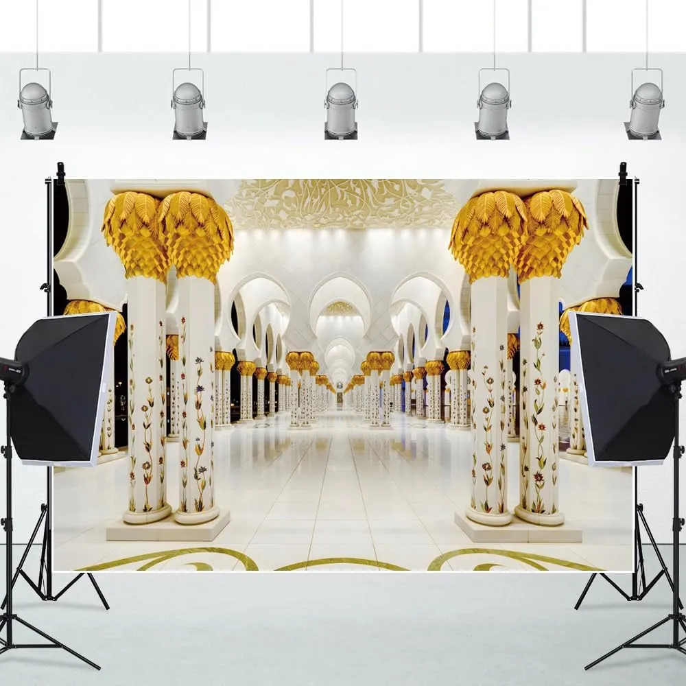 ChloropLastid 10x8ft Grand Mosque Backdrop Luxury Golden Islam Architecture Corridor Background for Photography UAE Travel Wedding Honeymoon Trip Holiday Islamic Theme Banner Photo Booth Props