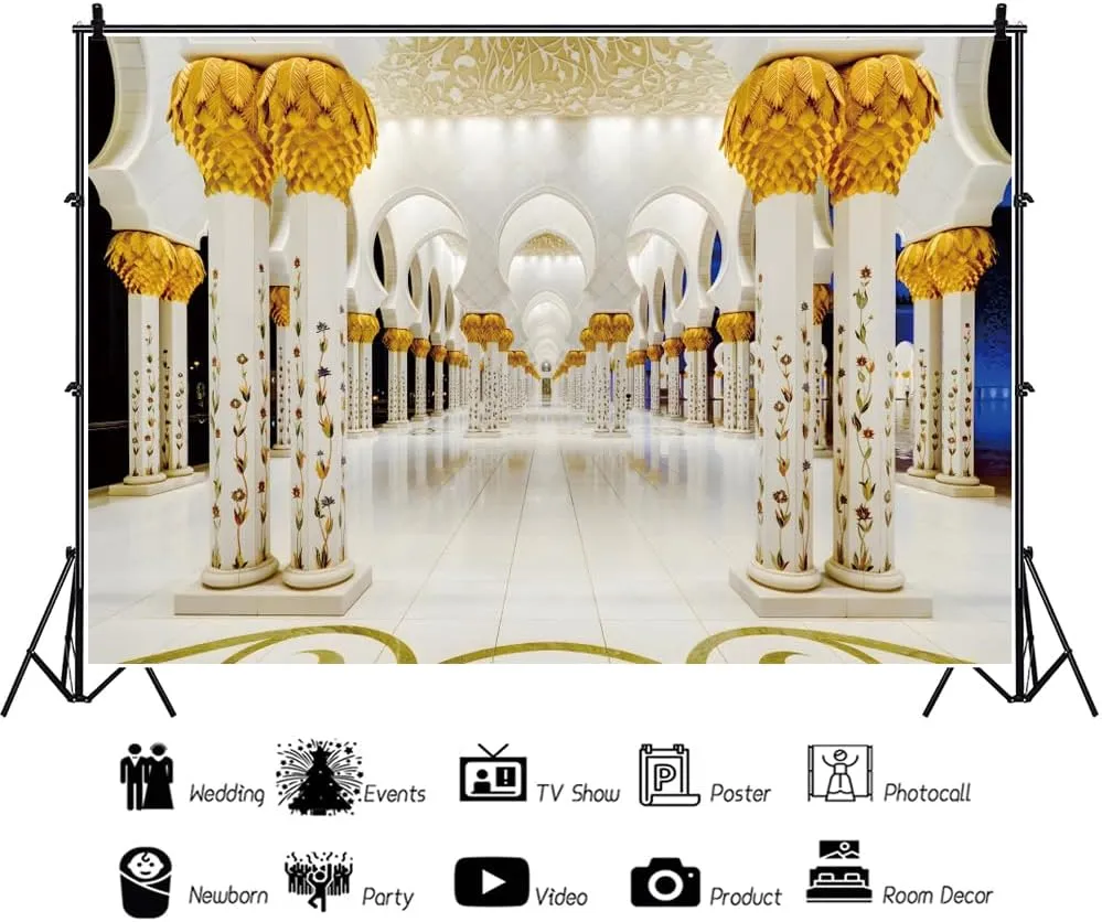 ChloropLastid 10x8ft Grand Mosque Backdrop Luxury Golden Islam Architecture Corridor Background for Photography UAE Travel Wedding Honeymoon Trip Holiday Islamic Theme Banner Photo Booth Props