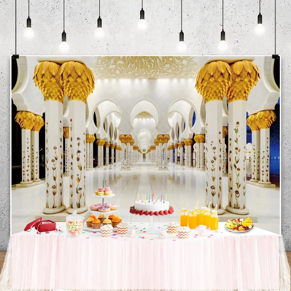 ChloropLastid 10x8ft Grand Mosque Backdrop Luxury Golden Islam Architecture Corridor Background for Photography UAE Travel Wedding Honeymoon Trip Holiday Islamic Theme Banner Photo Booth Props