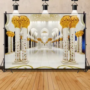 ChloropLastid 10x8ft Grand Mosque Backdrop Luxury Golden Islam Architecture Corridor Background for Photography UAE Travel Wedding Honeymoon Trip Holiday Islamic Theme Banner Photo Booth Props