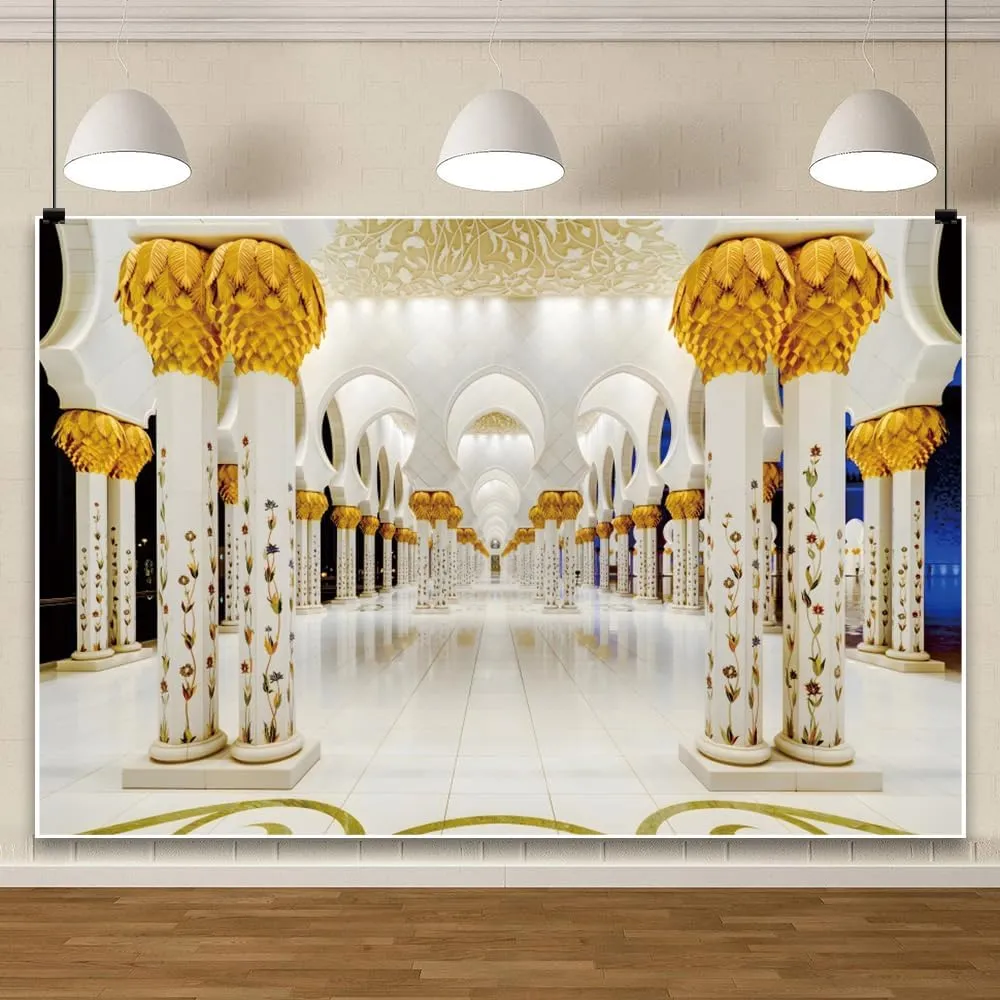 ChloropLastid 10x8ft Grand Mosque Backdrop Luxury Golden Islam Architecture Corridor Background for Photography UAE Travel Wedding Honeymoon Trip Holiday Islamic Theme Banner Photo Booth Props