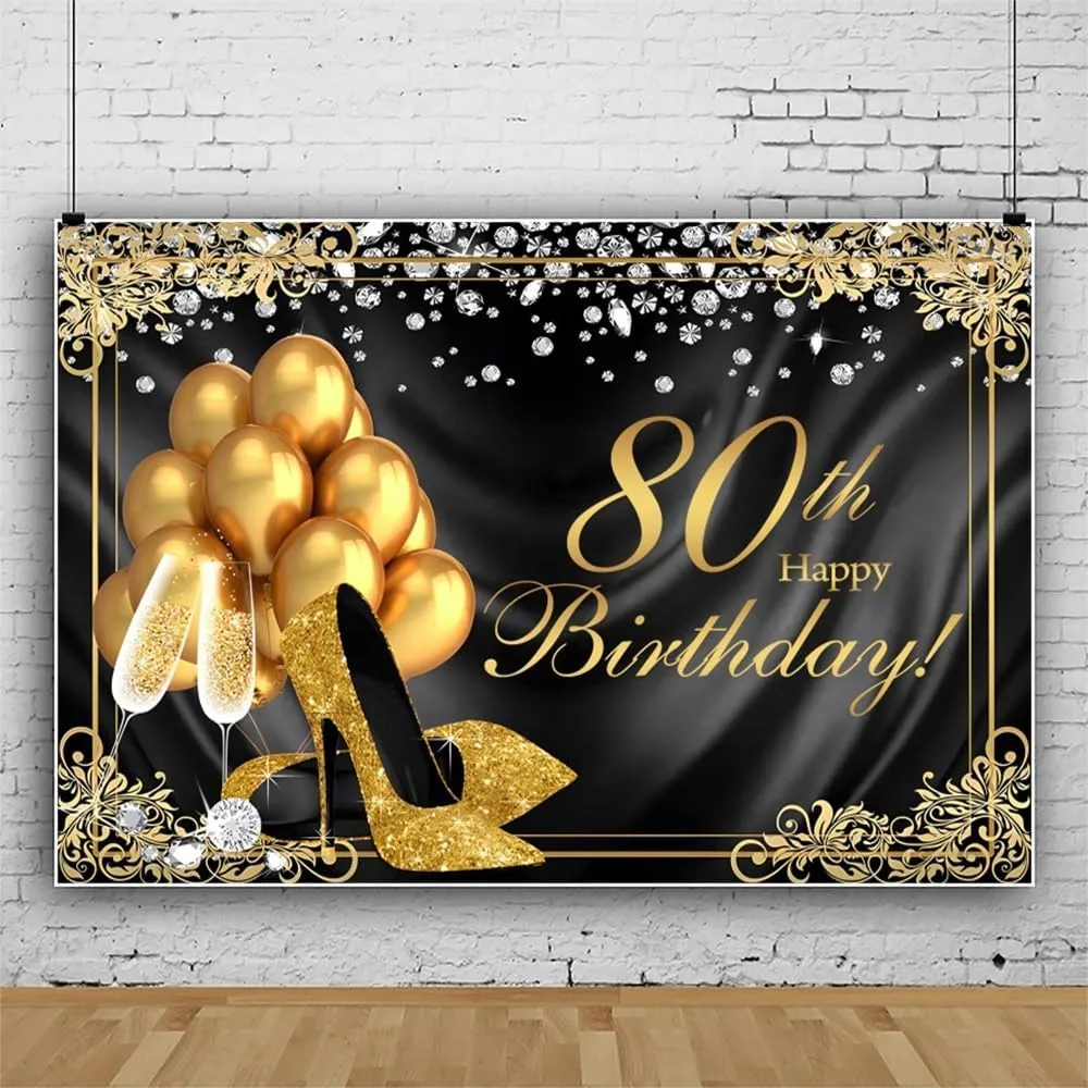 ChloropLastid 10x8ft Happy 80th Birthday Backdrop Black Gold Glitter Heels Champagne Shining Diamond Photography Background for Eighty Years Old Women Birthday Party Decorations Photoshoot Props