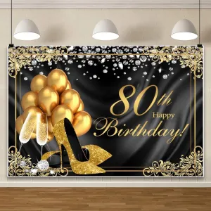 ChloropLastid 10x8ft Happy 80th Birthday Backdrop Black Gold Glitter Heels Champagne Shining Diamond Photography Background for Eighty Years Old Women Birthday Party Decorations Photoshoot Props
