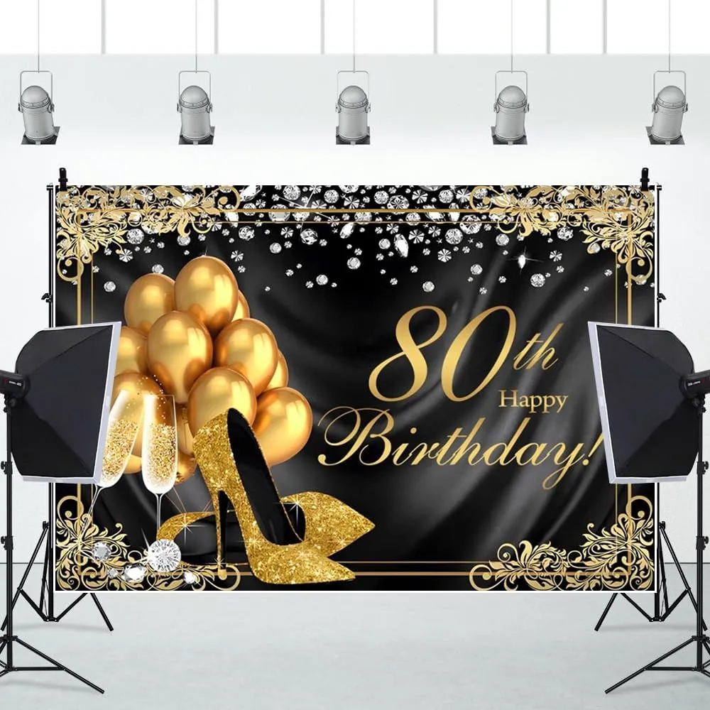 ChloropLastid 10x8ft Happy 80th Birthday Backdrop Black Gold Glitter Heels Champagne Shining Diamond Photography Background for Eighty Years Old Women Birthday Party Decorations Photoshoot Props