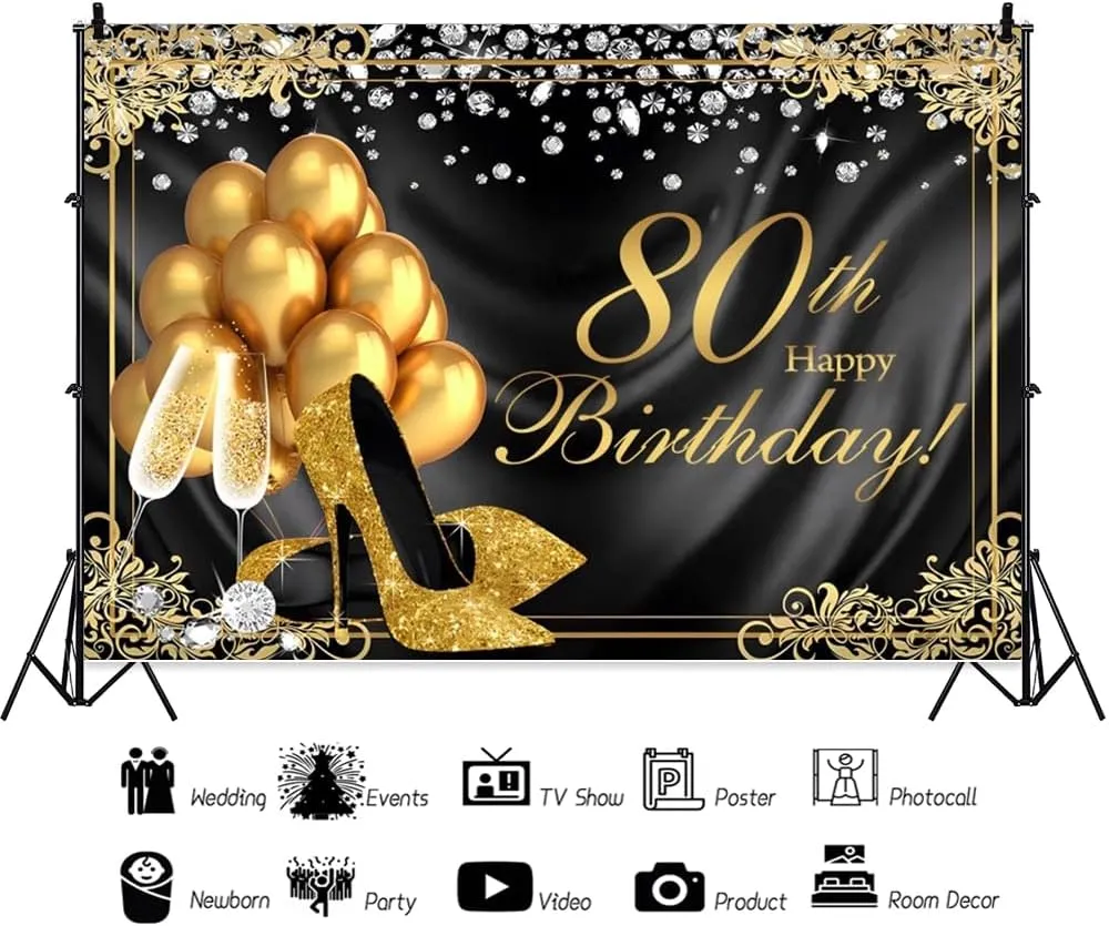 ChloropLastid 10x8ft Happy 80th Birthday Backdrop Black Gold Glitter Heels Champagne Shining Diamond Photography Background for Eighty Years Old Women Birthday Party Decorations Photoshoot Props
