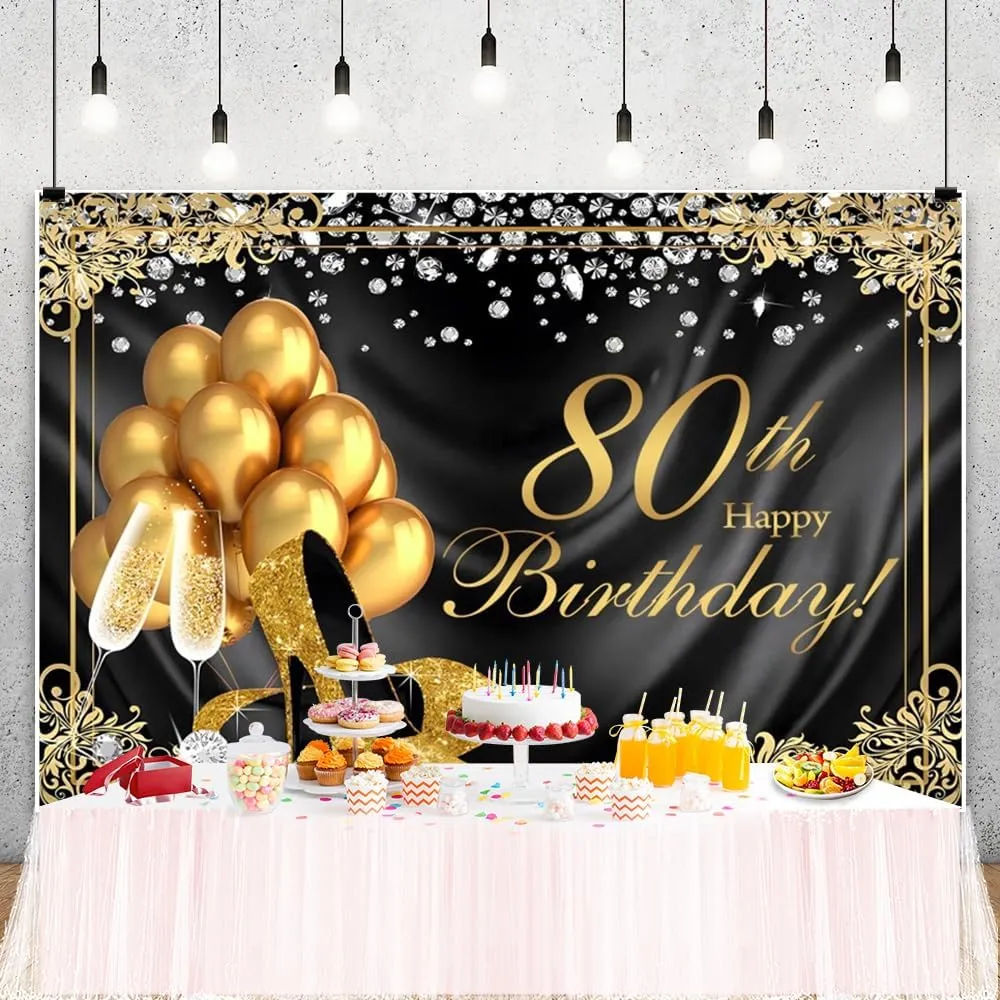 ChloropLastid 10x8ft Happy 80th Birthday Backdrop Black Gold Glitter Heels Champagne Shining Diamond Photography Background for Eighty Years Old Women Birthday Party Decorations Photoshoot Props