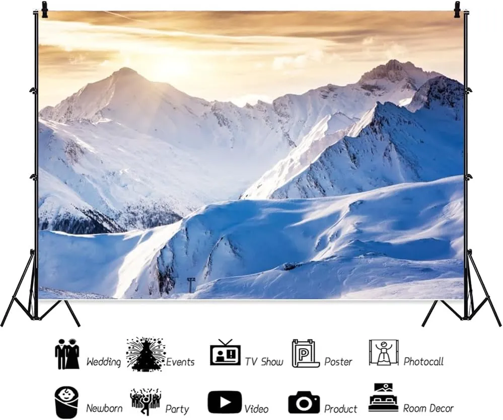 ChloropLastid 10x8ft Snow Mountain Backdrop Winter Snowy Mountain Sunrise Scenery Photography Background White Snow-Covered Alpine Hill Peak Ski Outdoor Adventure Travel Photoshoot Studio Props