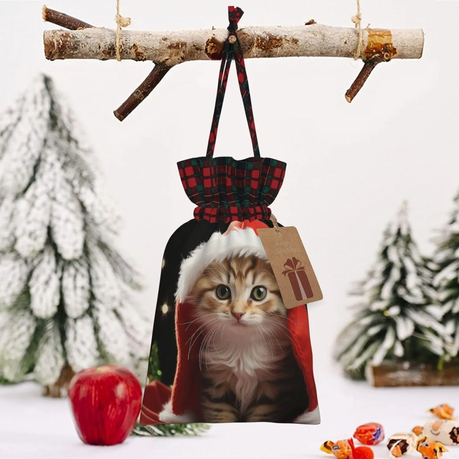 Christmas Gift Bag with Drawstring Christmas Wrapping Bags Cute Christmas cat Drawstring Gift Bag for Xmas Burlap Gift Bags Halloween Candy Bags Reusable Xmas Present Bags for Party Decorations Medium