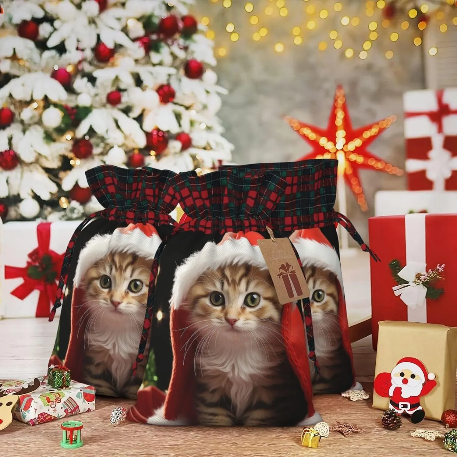 Christmas Gift Bag with Drawstring Christmas Wrapping Bags Cute Christmas cat Drawstring Gift Bag for Xmas Burlap Gift Bags Halloween Candy Bags Reusable Xmas Present Bags for Party Decorations Medium