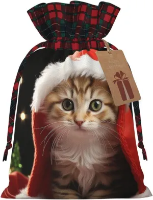 Christmas Gift Bag with Drawstring Christmas Wrapping Bags Cute Christmas cat Drawstring Gift Bag for Xmas Burlap Gift Bags Halloween Candy Bags Reusable Xmas Present Bags for Party Decorations Medium