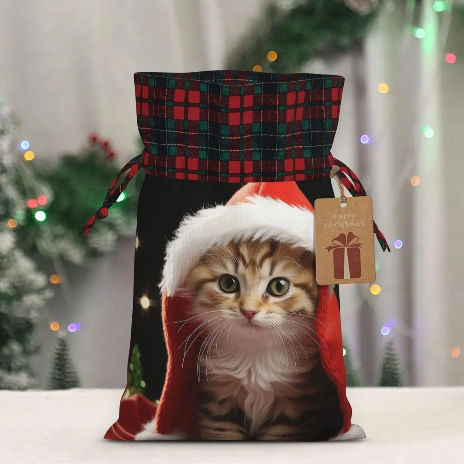 Christmas Gift Bag with Drawstring Christmas Wrapping Bags Cute Christmas cat Drawstring Gift Bag for Xmas Burlap Gift Bags Halloween Candy Bags Reusable Xmas Present Bags for Party Decorations Medium