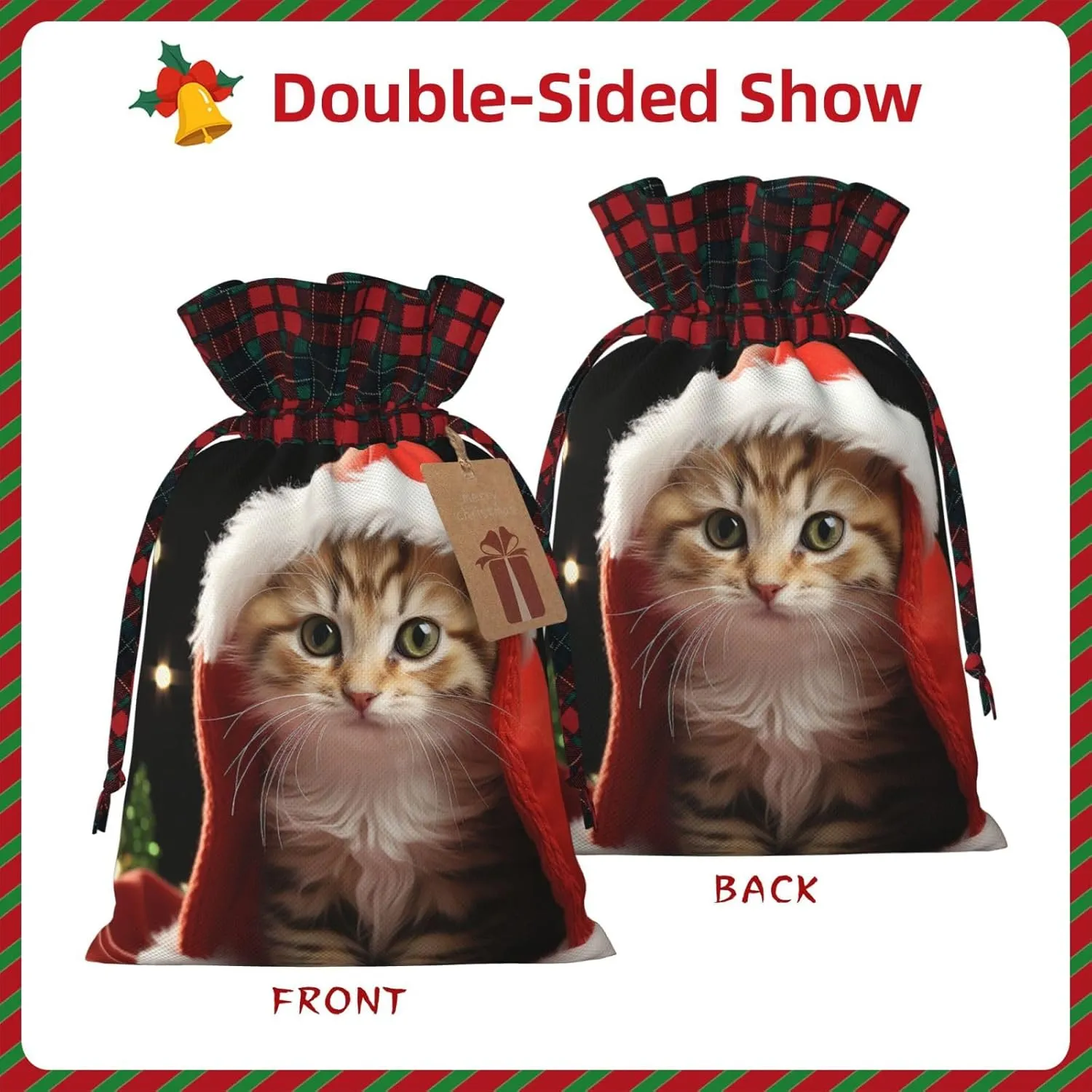 Christmas Gift Bag with Drawstring Christmas Wrapping Bags Cute Christmas cat Drawstring Gift Bag for Xmas Burlap Gift Bags Halloween Candy Bags Reusable Xmas Present Bags for Party Decorations Medium