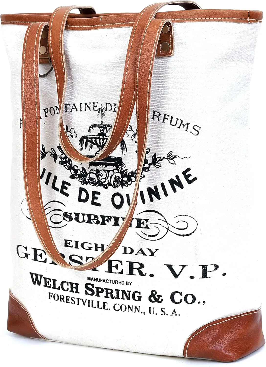 CLA Upcycled Canvas & Leather Handbag 16 Inch Height & Cowhide Tote Bag, Canvas Handbags for women