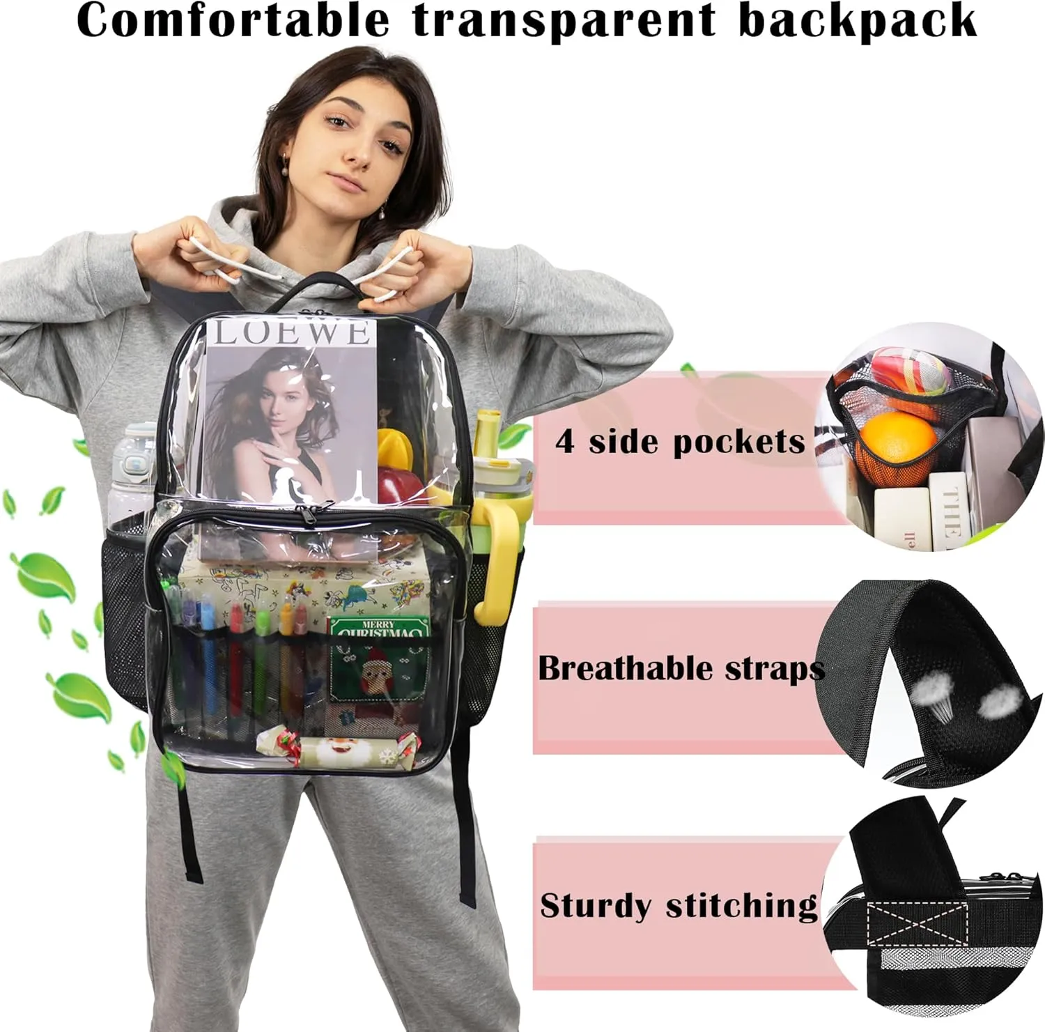 Clear Backpack,See Through Backpack School Approved Heavy Duty Clear Backpack Transparent Bookbag for College Work Travel Security,Gray