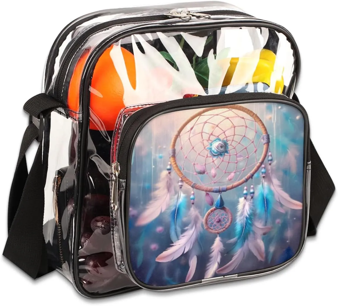 Clear Crossbody Bag Stadium Approved Bohemian Dreamcatcher Transparent Bag for Festivals, Sports Events, Concerts,Beach Bag for Women Men Ethic Feathers Clear Purse with Front Pocket Messenger Bag
