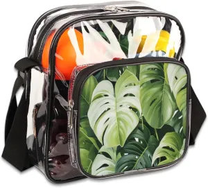 Clear Crossbody Bag Stadium Approved Tropic Palm Leaves Transparent Bag for Festivals, Sports Events, Concerts,Beach Bag for Women Men Tropical Leaves Clear Purse with Front Pocket Messenger Bag