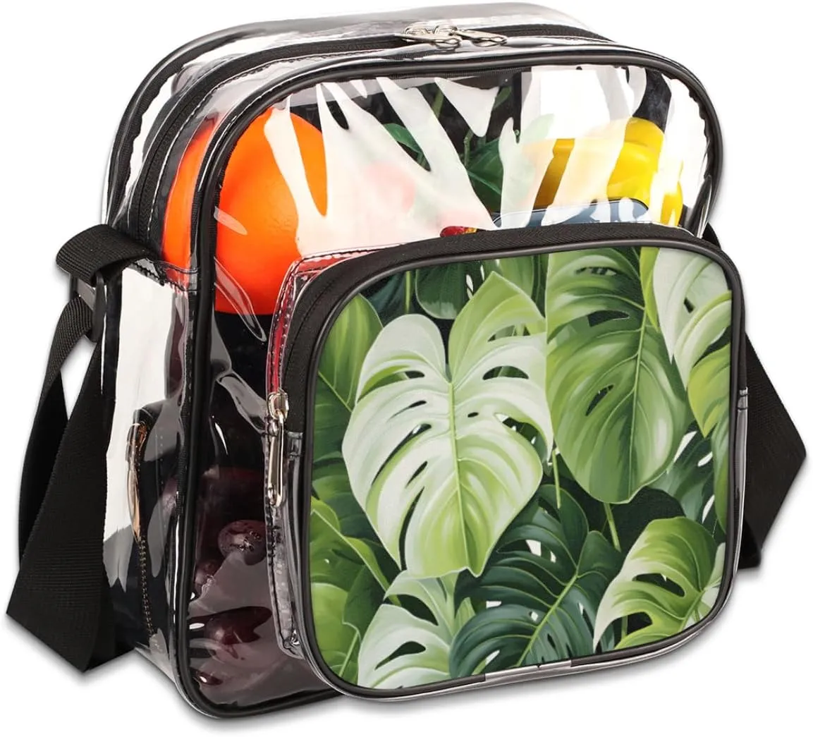 Clear Crossbody Bag Stadium Approved Tropic Palm Leaves Transparent Bag for Festivals, Sports Events, Concerts,Beach Bag for Women Men Tropical Leaves Clear Purse with Front Pocket Messenger Bag