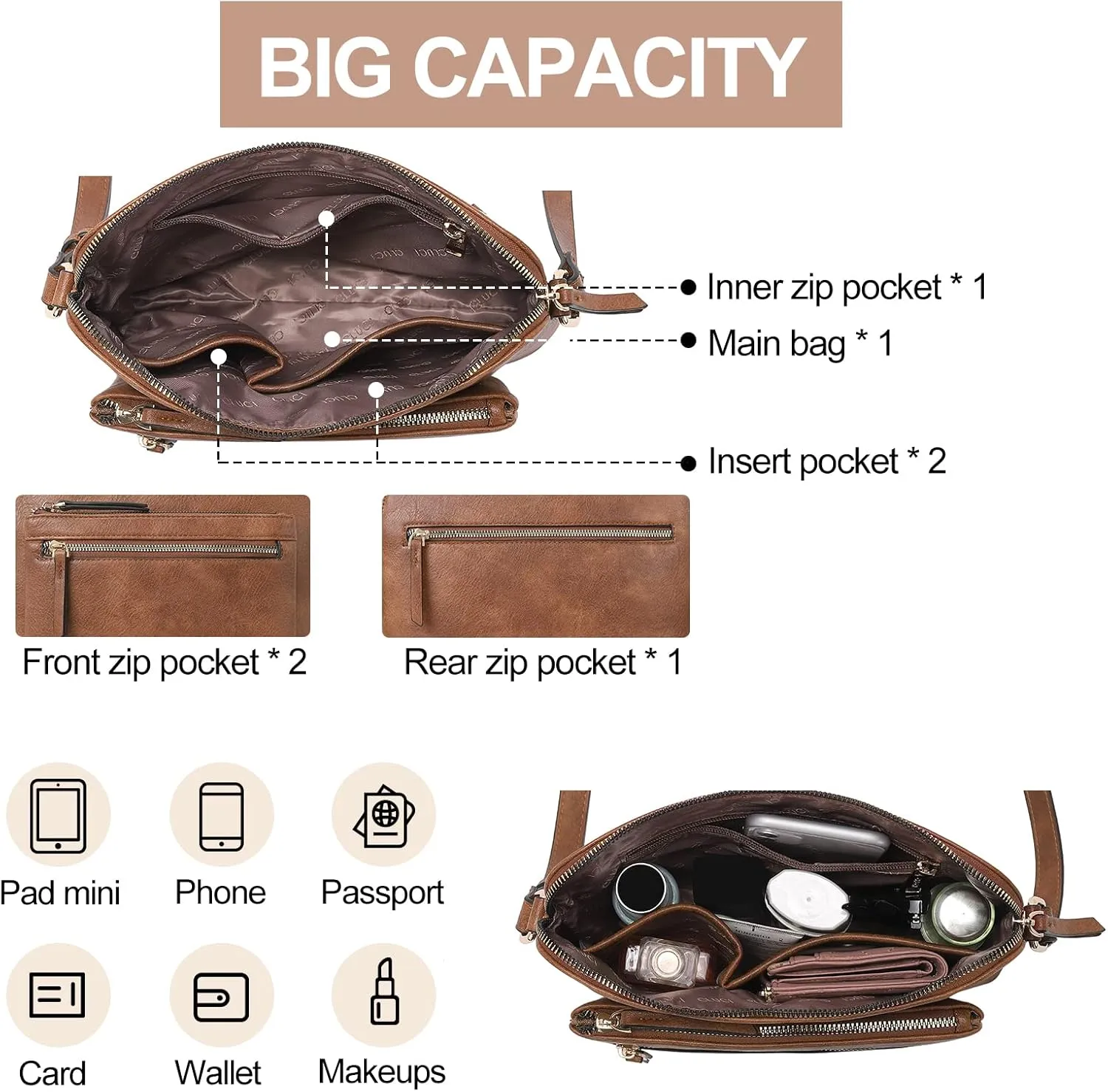 CLUCI Crossbody Purse for Women Multi Pockets Bag Vegan Leather Small Shoulder Handbags Summer Travel Designer Vintage Ladies