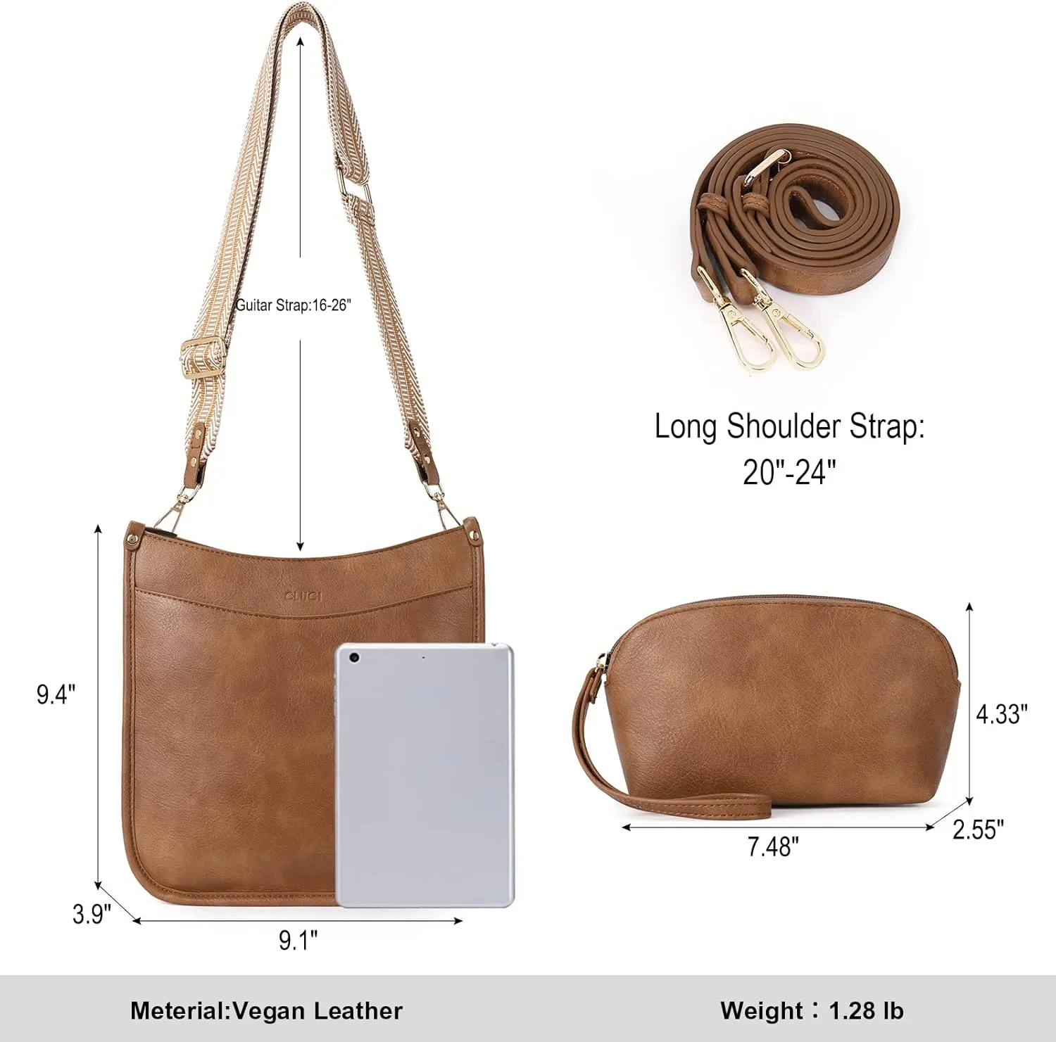 CLUCI Purses for Women, Vegen Leather Crossbody Bags for Woman Trendy, 2PCS Hobo Handbag with 2 Adjustable Guitar Strap