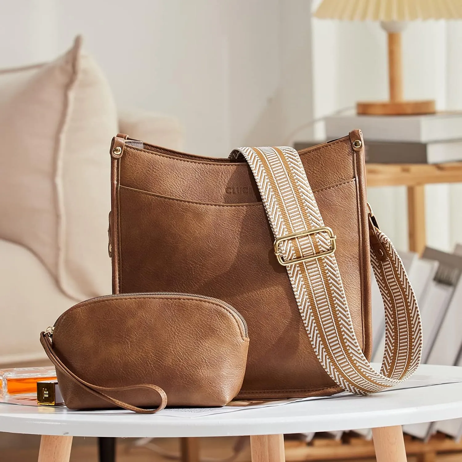 CLUCI Purses for Women, Vegen Leather Crossbody Bags for Woman Trendy, 2PCS Hobo Handbag with 2 Adjustable Guitar Strap