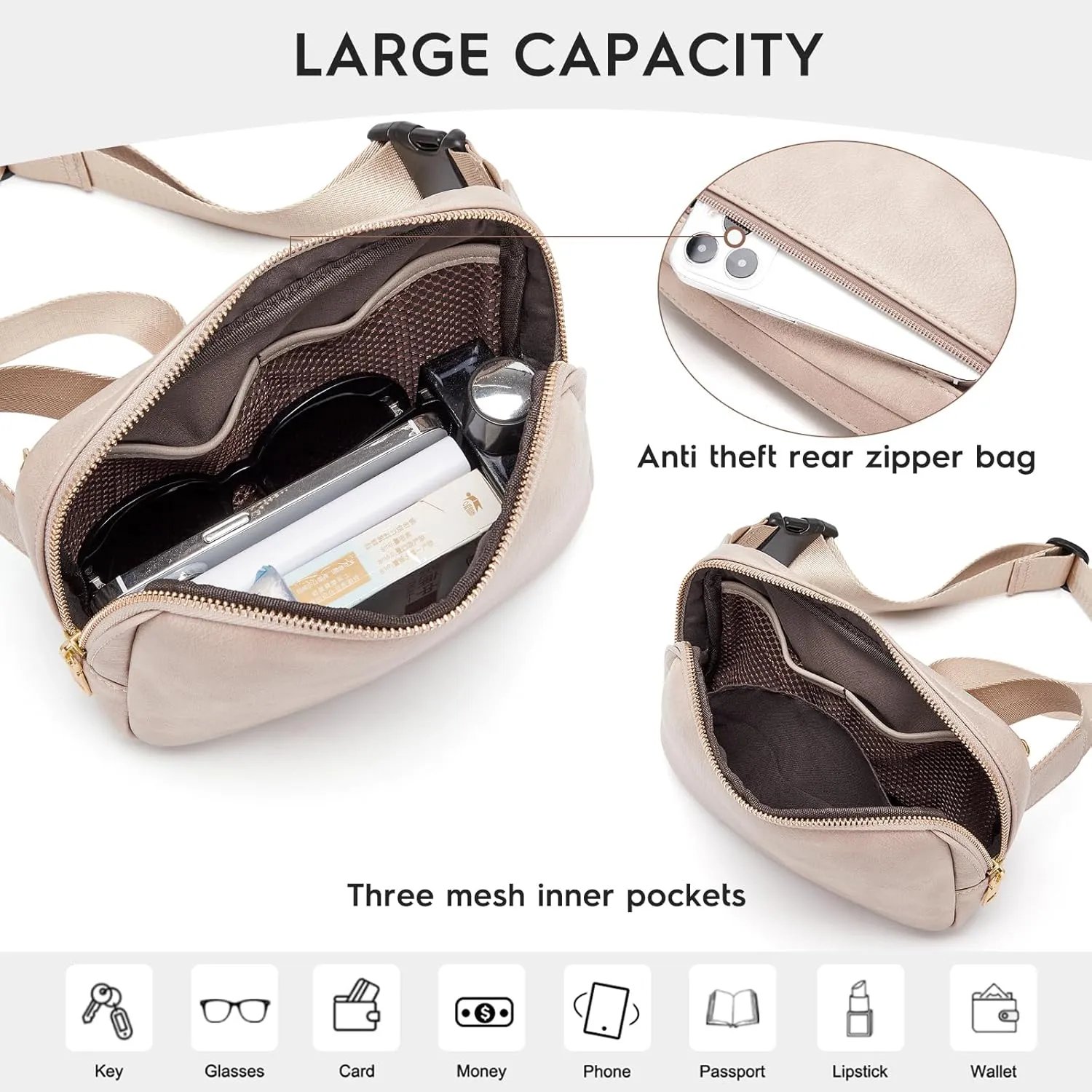 Cnoles Belt Bag for Women Fashion Waist Bag Vegan Leather Fanny Pack Crossbody Bags for Women With Adjustable Straps Brown