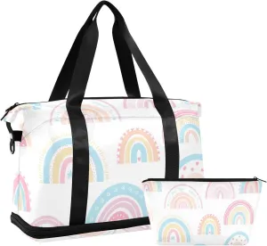 Colorful Rainbow Versatile Sports Travel Bag - Lasting Twill Tote, Removable Wheel & Rod Bagging, Multi-pocket Design, Complimentary Makeup Bag